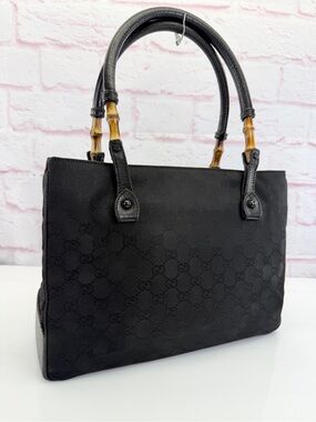 Gucci Black GG Canvas Bamboo Handles Vintage Tote